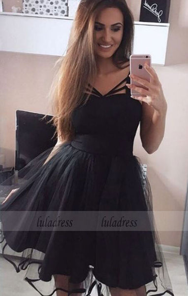A-Line V-Neck Above-Knee Black Homecoming Dress with Pleats,BD99578