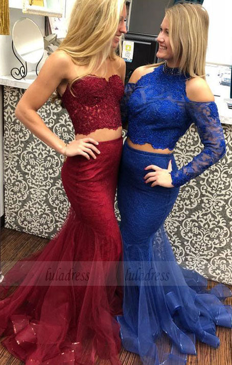 Two Piece Mermaid Sweetheart Sweep Train Burgundy Prom Dress with Lace Beading,BD99664