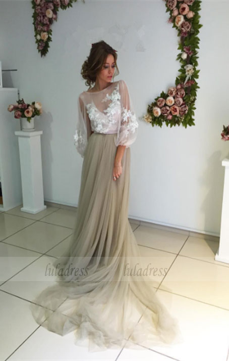 Prom Dresses,Modest Elegant Long Sleeve Appliques Evening Dress Tulle New Back Design Prom Dress,BD99454