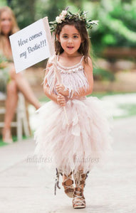 A-Line Spaghetti Straps Asymmetrical Tulle Flower Girl Dress with Feather,BD99835