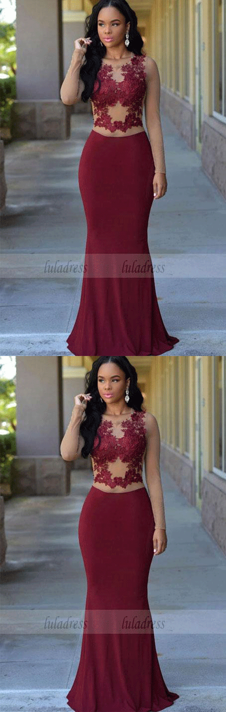 Modest Prom Dress, Evening Dress Burgundy Mermaid Long With Appliques