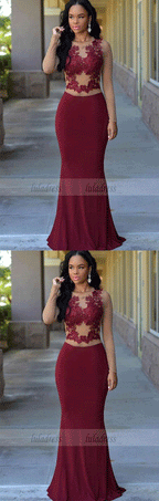 Modest Prom Dress, Evening Dress Burgundy Mermaid Long With Appliques