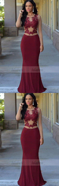 Modest Prom Dress, Evening Dress Burgundy Mermaid Long With Appliques,BD99458