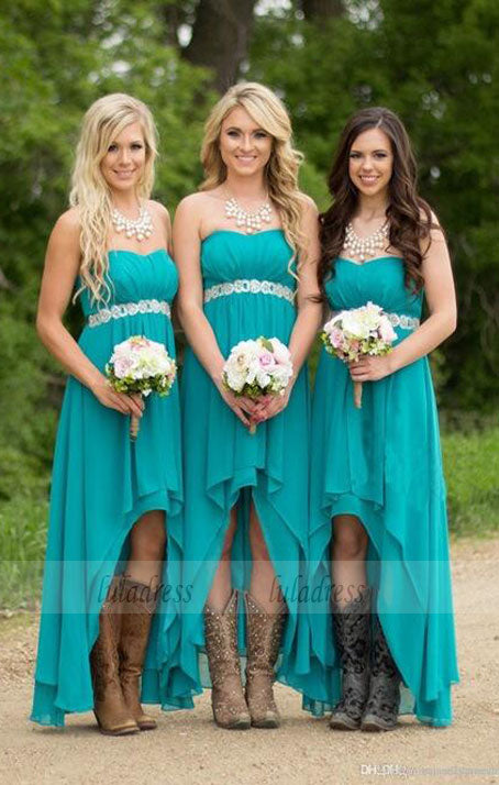 Turquoise Beach Bridesmaid Dresses ,High Low Modest Chiffon Long Wedding Guest Gowns,BD99387