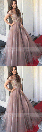 Gorgeous Sweetheart A-Line Tulle Backless Prom Dresses,Off-the-Shoulder Prom Gowns