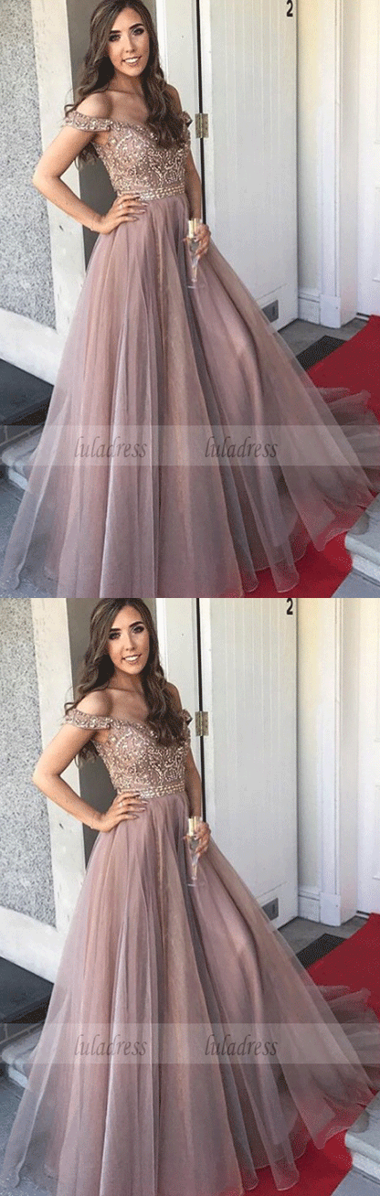 Gorgeous Sweetheart A-Line Tulle Backless Prom Dresses,Off-the-Shoulder Prom Gowns