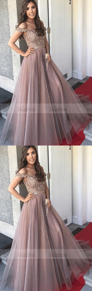 Gorgeous Sweetheart A-Line Tulle Backless Prom Dresses,Off-the-Shoulder Prom Gowns,BD99536