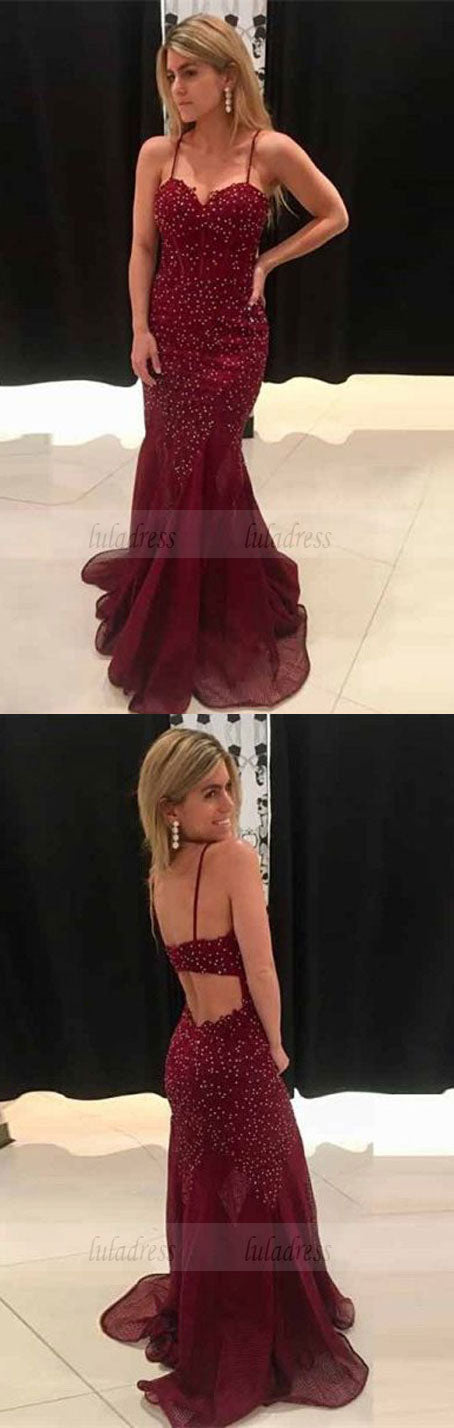 Mermaid Spaghetti Straps Sweep Train Burgundy Beaded Prom Dress