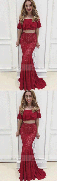 Two Piece Off-the-Shoulder Floor-Length Red Lace Prom Dress with Ruffles,BD99560