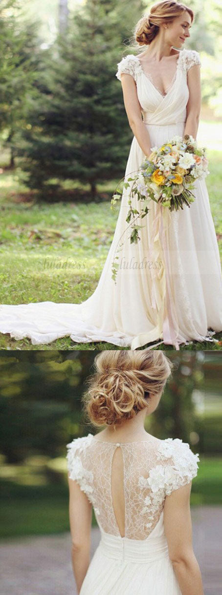 Chiffon Garden A-line Wedding Dresses V-Neck Ruched with Handmade Flowers Beach Bridal Gowns - Custom Color / Custom Size Chiffon Garden A-line Wedding Dresses V-Neck Ruched with Handmade Flowers Beach Bridal Gowns - Custom Color / Custom Size