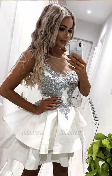 A-Line Round Neck Short White Tiered Homecoming Dress with Appliques,BD99512