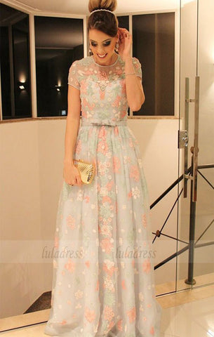 A-Line Jewel Cap Sleeves Sweep Train Mint Lace Prom Dress with Belt,BD98529