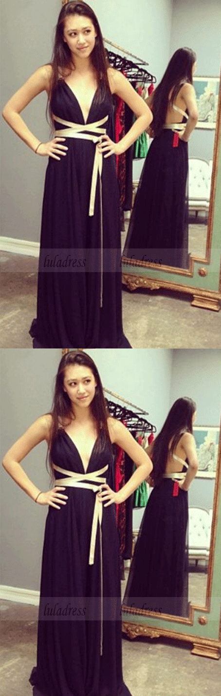 Long Backless Black Chiffon Prom Dress with Long Straps