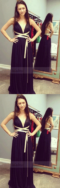 Long Backless Black Chiffon Prom Dress with Long Straps,BD99973