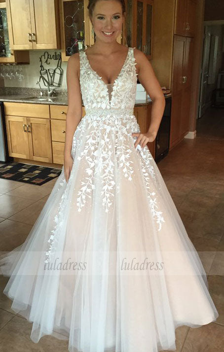 Floor Length V Neck Prom Dress with Lace