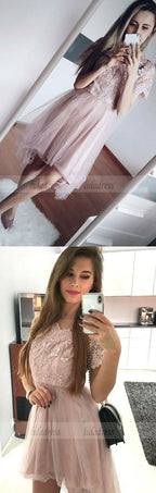A-Line Short Sleeves Blush Homecoming Dress with Lace