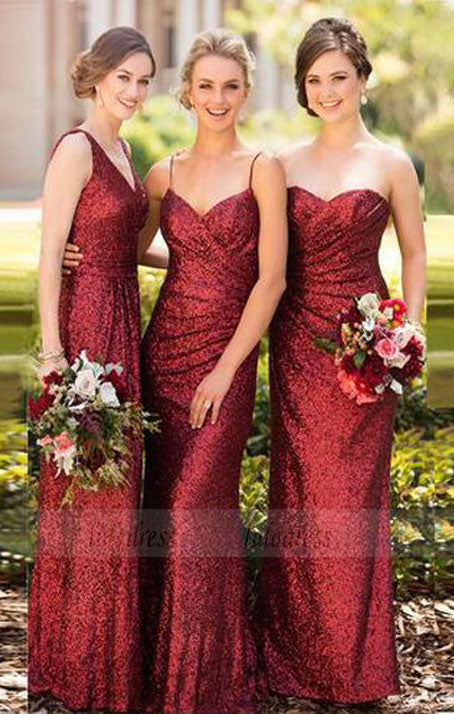 Sparkly Sheath Sleeveless Red Floor-Length Bridesmaid Dress with Sequins
