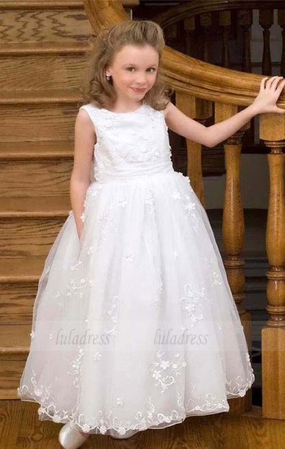 Girls Appliques Floor Length Birthday Dress Girl Pageant Gown for Wedding Flower Girl