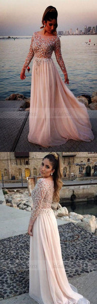 A-line Chiffon Bateau Long Sleeves Beading Floor-length Prom Dresses,BD99874