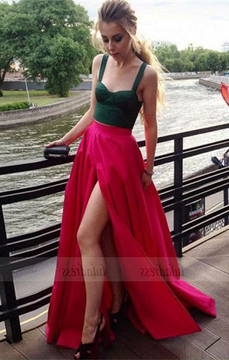 evening 2 piece dresses simple 2 piece straps party dresses with split, elegant square neck ev – luladress