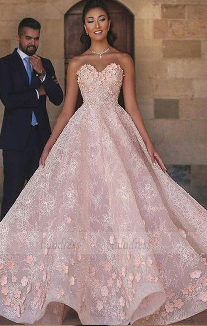 A-Line Sweetheart Floor-Length  Beaded Lace wedding dress with Appliques