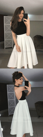A-Line Halter Backless Tea-Length Ivory Homecoming Prom Dresses
