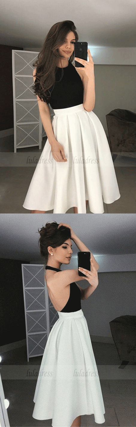 A-Line Halter Backless Tea-Length Ivory Homecoming Prom Dresses