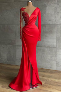 Mermaid Long Sleeves Ruffles Prom Dresses with Slit Online,PD21094