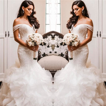 Off The Shoulder Puffy Ruffles Wedding Dresses | Sheath Tulle Sexy Lace Bridal Gowns