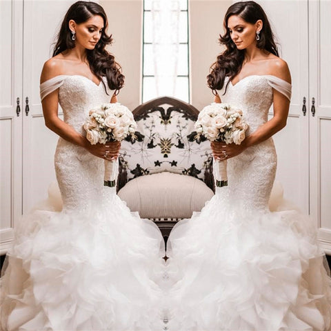 Off The Shoulder Puffy Ruffles Wedding Dresses | Sheath Tulle Sexy Lace Bridal Gowns