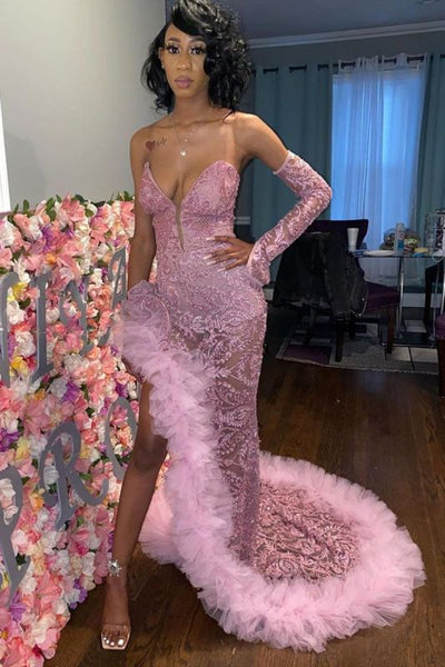 Sexy Dark Pink Tulle Prom Dresses|Sweetheart Deep Split Evening Gowns,PD21035