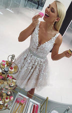 Cute v neck tulle lace short prom dress, evening dress