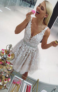 Cute v neck tulle lace short prom dress, evening dress,BD98196