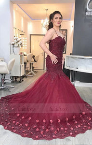 Elegant Burgundy Lace Flowers Beaded Sweetheart Tulle Mermaid Evening Dresses,BD98168