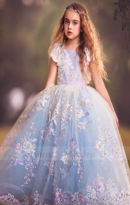 Fairy Ball Gown Flower Girl Dress | Short Sleeves Puffy Girl Formal Dress