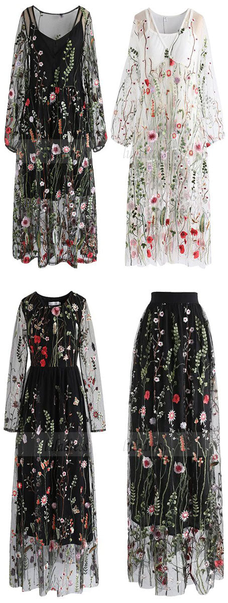 Simple Prom Dresses Flowering Fields Embroidered Mesh Maxi Dress
