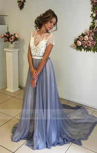 Prom Dresses,Modern Short Sleeve Lace Evening Dress A-line Sweep Train,BD99456
