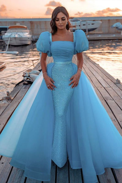 Glamorous Tulle Lake Blue Sequins Mermaid Prom Dresses With Detachable,PD21052