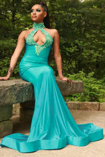 Sexy Halter Turquoise Mermaid Prom Dresses With Sequins,PD21038