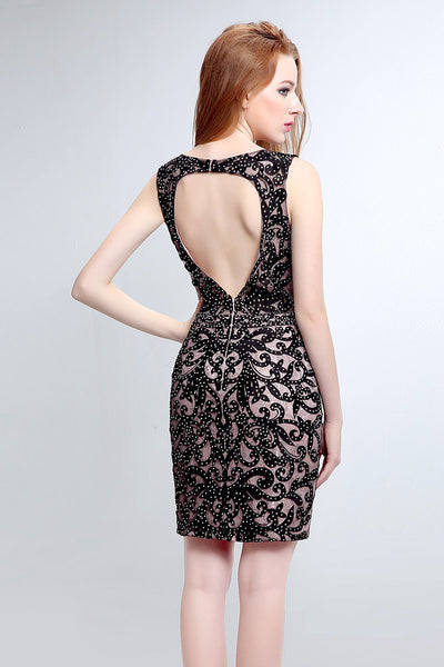 Black Beaded Mini Dress Open Back Short Prom Dress, BS12