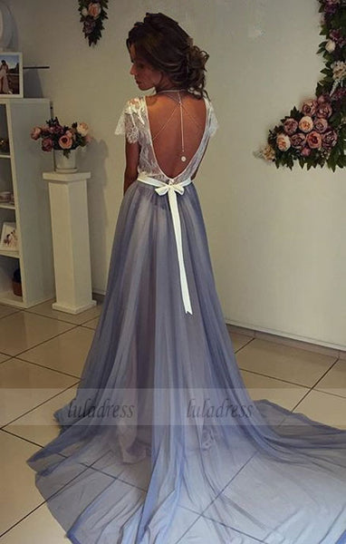 Prom Dresses,Modern Short Sleeve Lace Evening Dress A-line Sweep Train,BD99456
