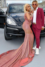 Shinning Satin Blushing Pink Mermaid Prom Dresses With Sequins