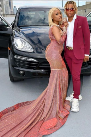 Shinning Satin Blushing Pink Mermaid Prom Dresses With Sequins