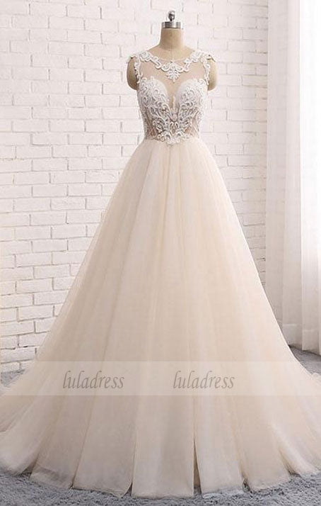 Custom made round neck lace tulle long prom gown, wedding dress