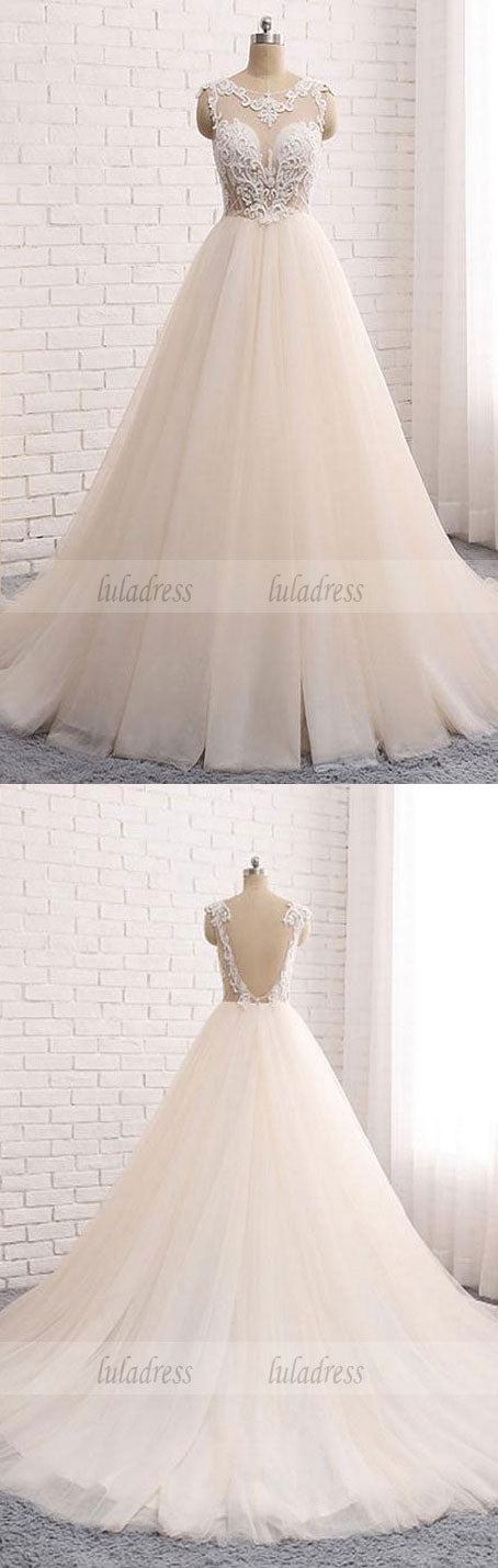 Custom made round neck lace tulle long prom gown, wedding dress