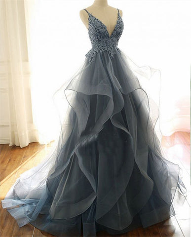 V Neck Spaghetti Straps Dark Blue Prom Dresses With Ruffles