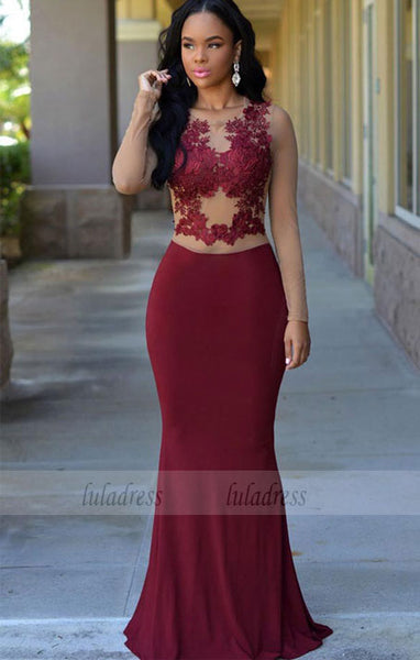 Modest Prom Dress, Evening Dress Burgundy Mermaid Long With Appliques,BD99458