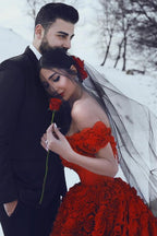Glamorous Off The Shoulder Ruby Flowers Ruffles Evening Dresses