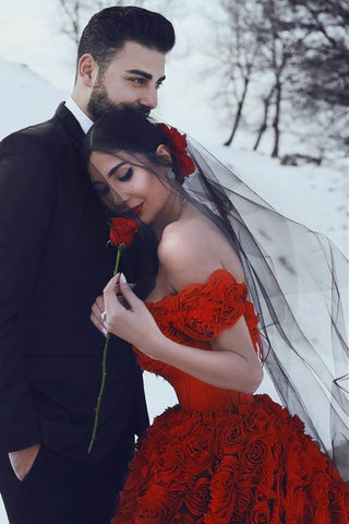 Glamorous Off The Shoulder Ruby Flowers Ruffles Evening Dresses