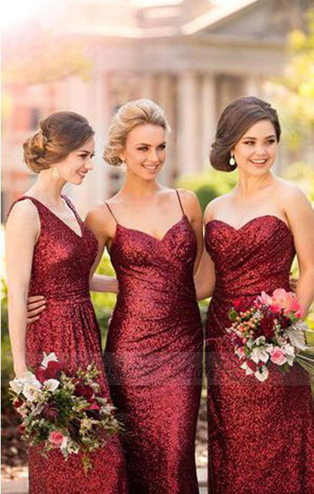 sparkly burgundy bridesmaid dresses Leely Women Sparkly Burgundy Long Satin Prom Dress with Slit Strapless Ruched Mermaid Sequin Evening Dress